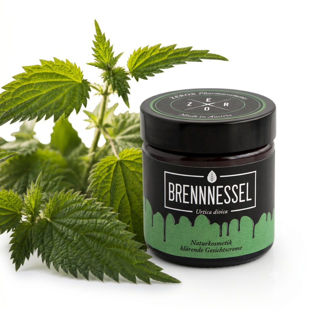 Zerox Brennnessel Naturkosmetik Gesichtscreme für unreine Haut auf Holzgrund mit frischen Brennnesselblättern